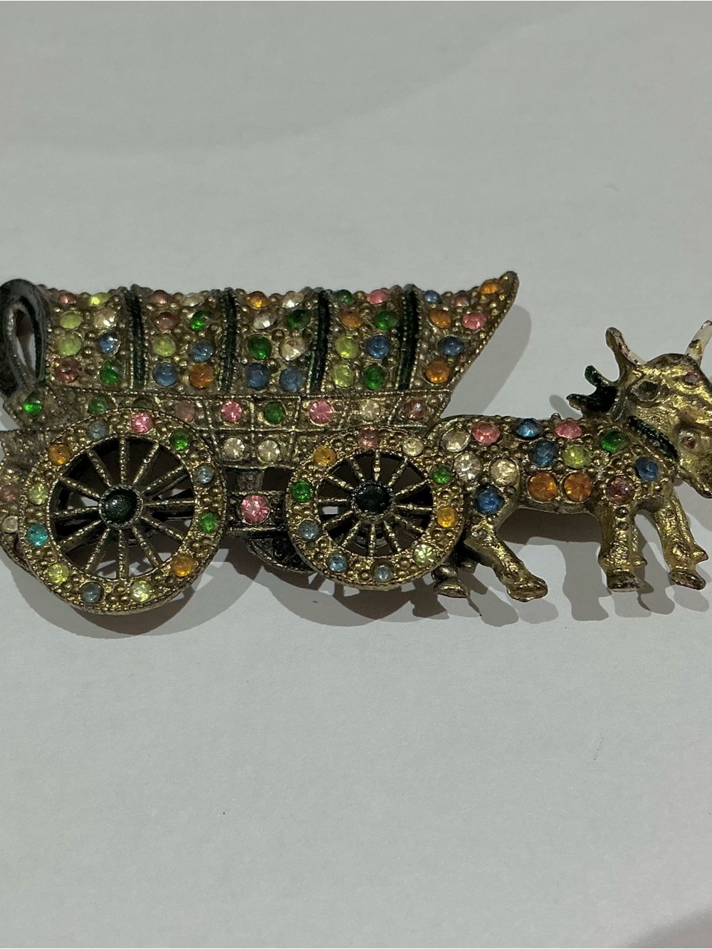 Vintage 1930’s Little Nemo LN Mechanical Covered Wagon Oxen Rhinestone Brooch
